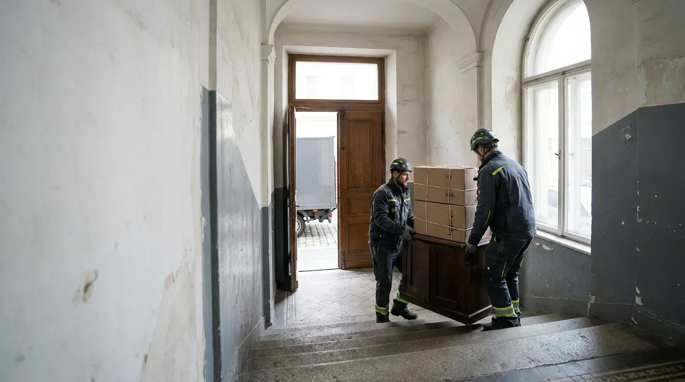 Entrümpelung in Wien: zwei Mitarbeiter tragen Möbel und Kartons durch ein Gründerzeit-Stiegenhaus zum Kastenwagen
