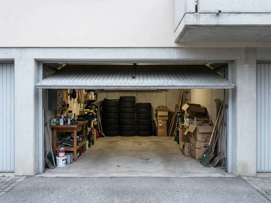 Garage voller Reifen, Werkzeug und Kartons vor der Garagenentrümpelung