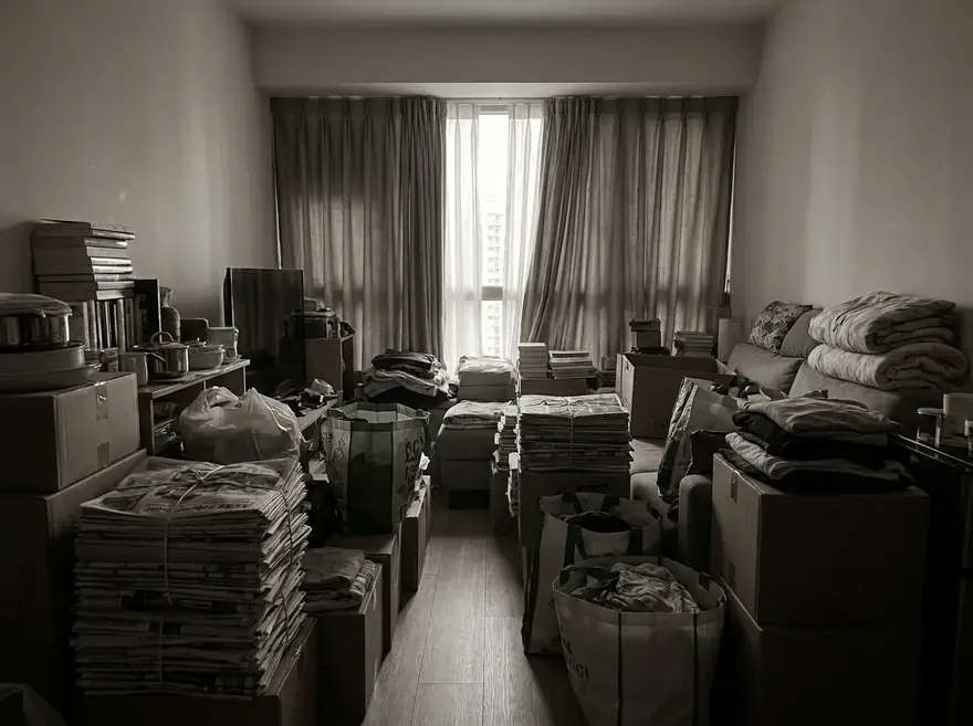 Stark verstellte Wohnung mit schmalem Gang vor einer Messie Entrümpelung