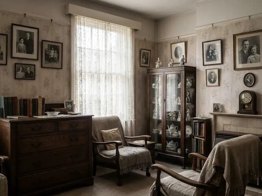 Wohnung mit alten Möbeln und Vitrine vor einer Verlassenschaftsräumung in Wien