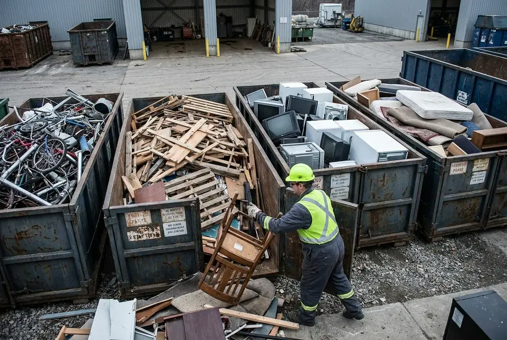 Getrennte Container für Metall, Holz und Elektrogeräte nach einer Entrümpelung
