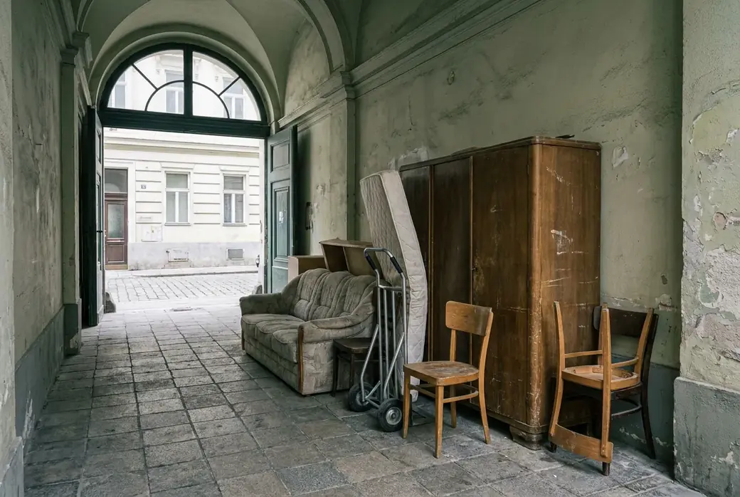 Alte Couch, Matratze und Kasten stehen zur Abholung in der Durchfahrt eines Wiener Hauses