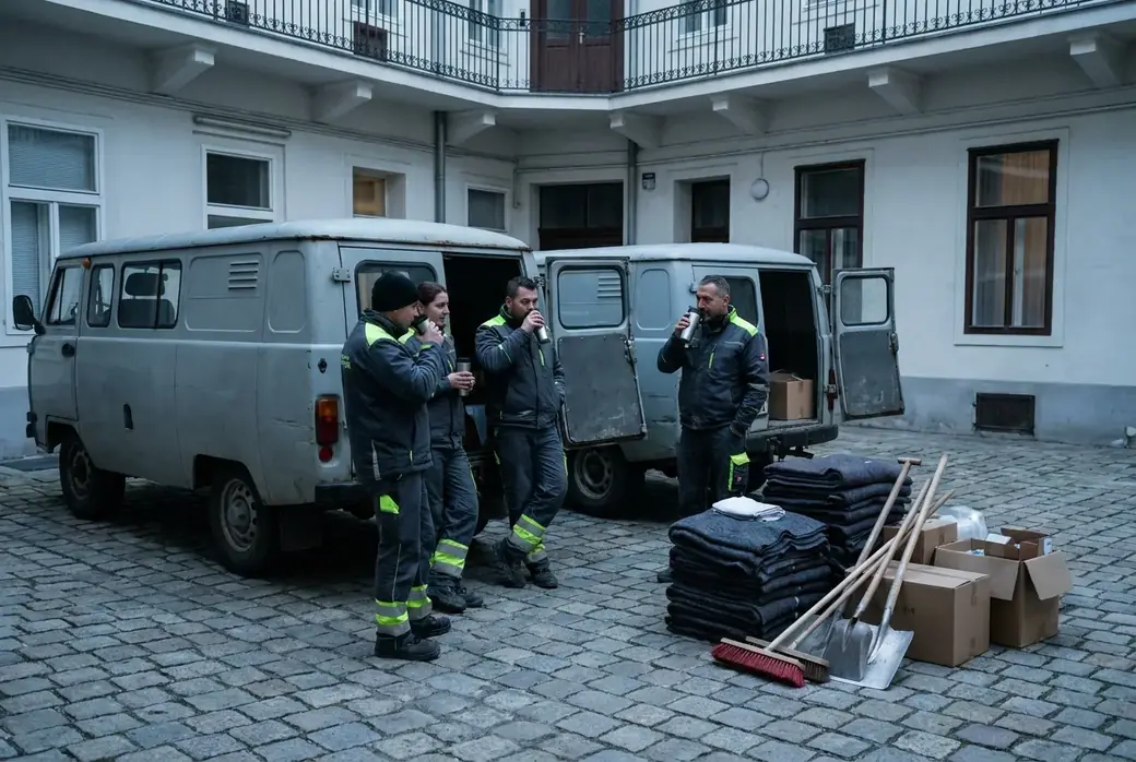 Das Team von Wien Räumfix vor den Fahrzeugen in einem Wiener Hof