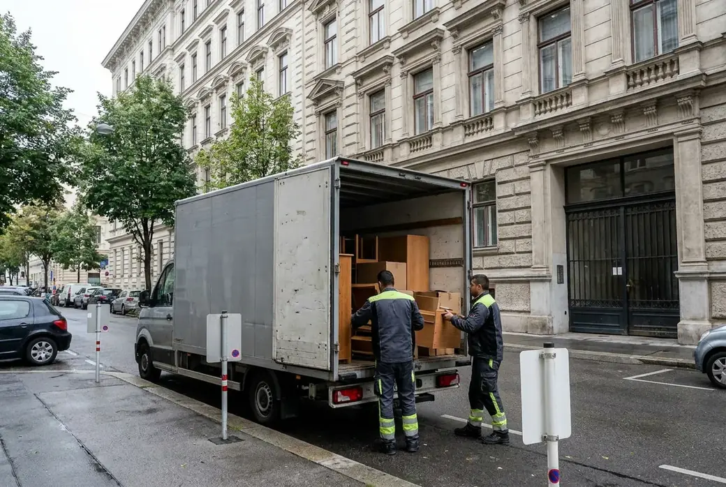 Kastenwagen in einer Halteverbotszone vor einem Wiener Altbau wird beladen